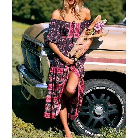 Boho Pink Floral Print Off Shoulder Midi Dress - Picture 6 of 14